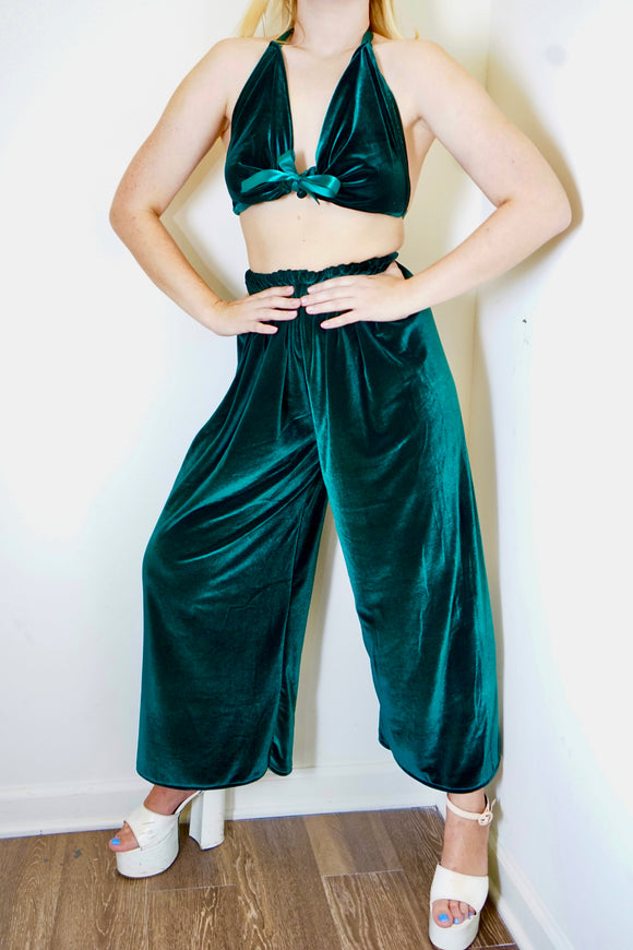 Emerald Green Velvet Parachute Pants With Matching Bop Top (Full 2 Piece Set)